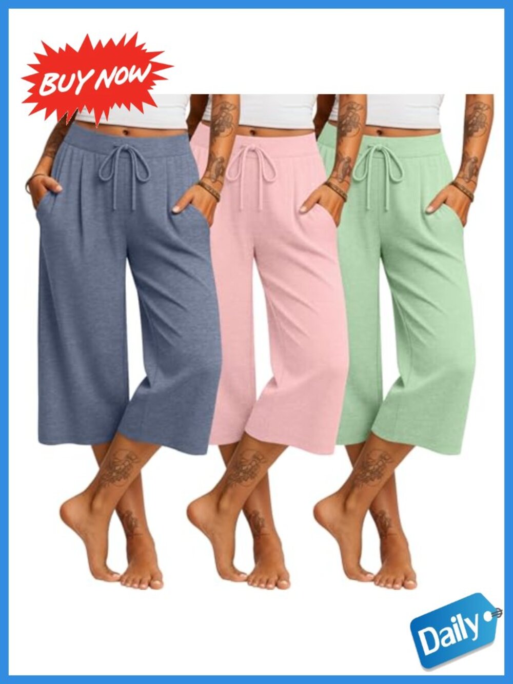 3 Pack Capri Pants Wide Leg Drawstring Yoga Lounge